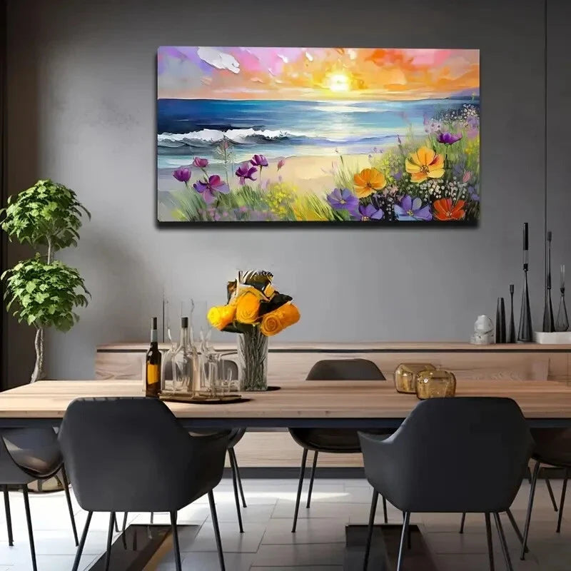 Beach Sunset Colorful Flower Wall Art Canvas Office Home Room Framed 120x60cm