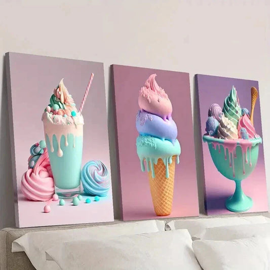 3pcs Vibrant Colorful Ice Cream Dessert Wall Art Set Canvas Framed 40x60cm - High Quality Print 100% Australian Made Wall Canvas Ready to Hang