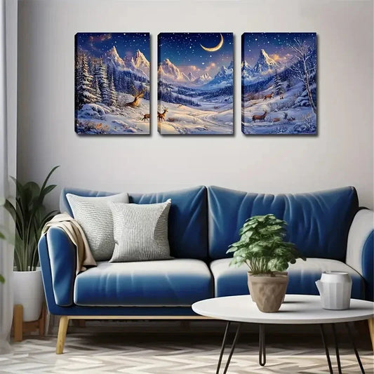 3pcs Snow-Capped Mountains & Starry Night  Wall Art Set Canvas Framed 40x60cm - High Quality Print 100% Australian Made Wall Canvas Ready to Hang