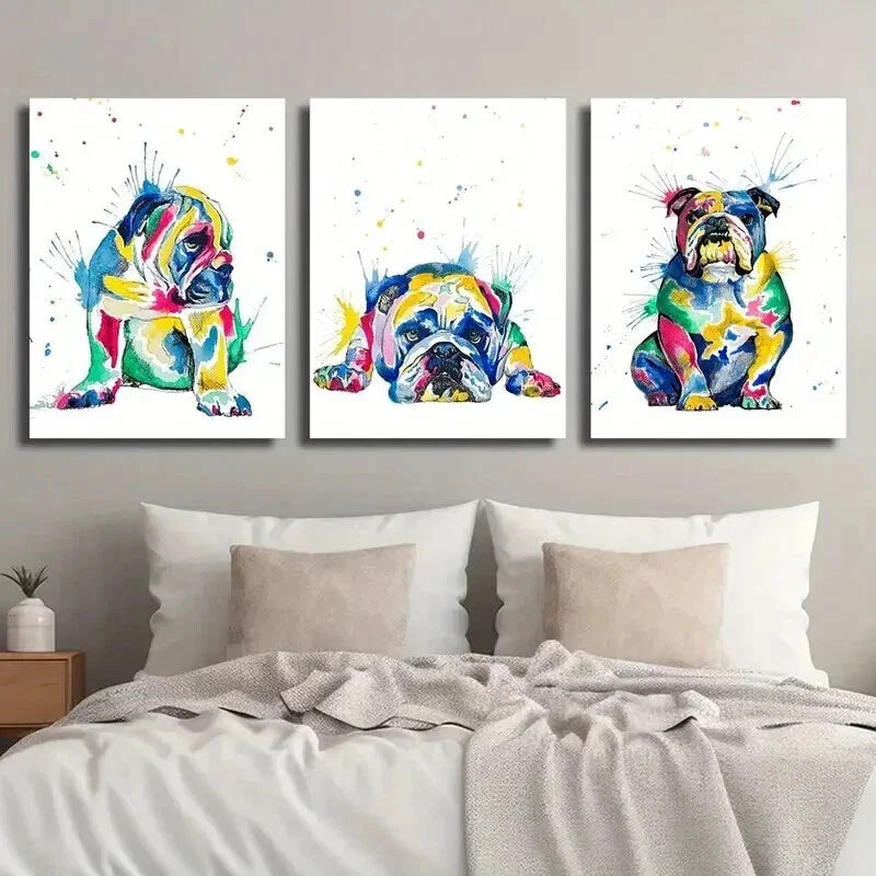 3pcs Colorful English Bulldog Decor Wall Art Set Canvas Framed 40x60cm - High Quality Print 100% Australian Made Wall Canvas Ready to Hang