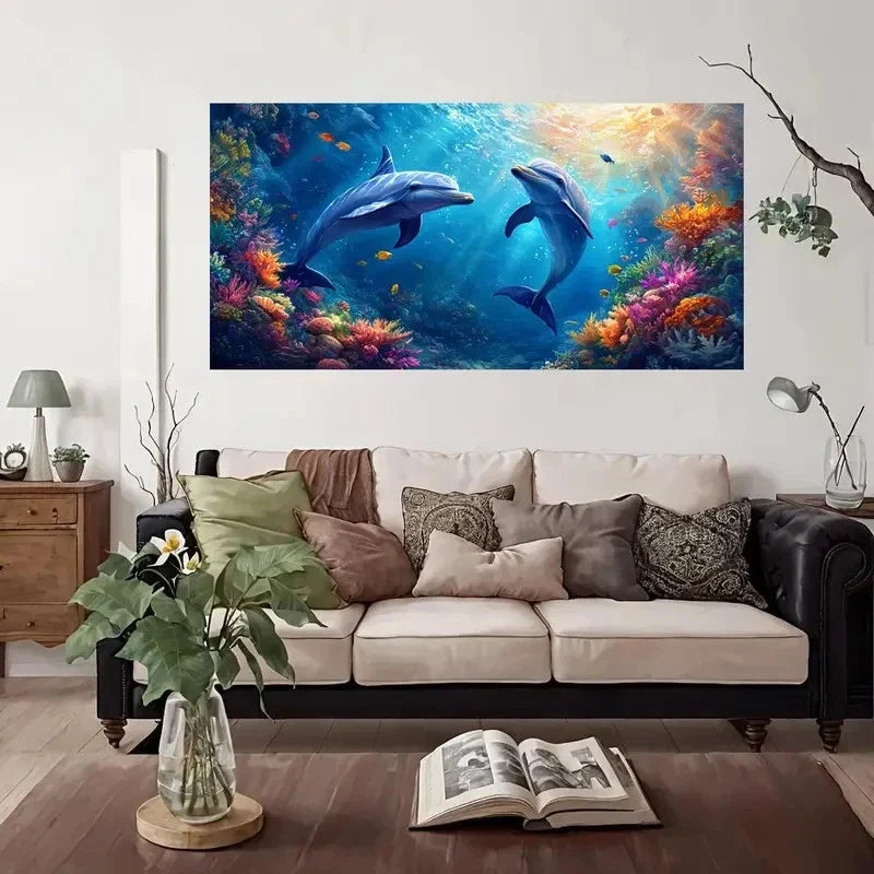 Dolphin & Coral Reef Wall Art Canvas Office Home Room Framed 120x60cm