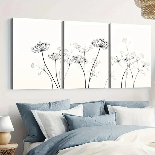 3pcs Queen Annes White Black Liner Florals Wall Art Set Canvas Framed 40x60cm - High Quality Print 100% Australian Made Wall Canvas Ready to Hang