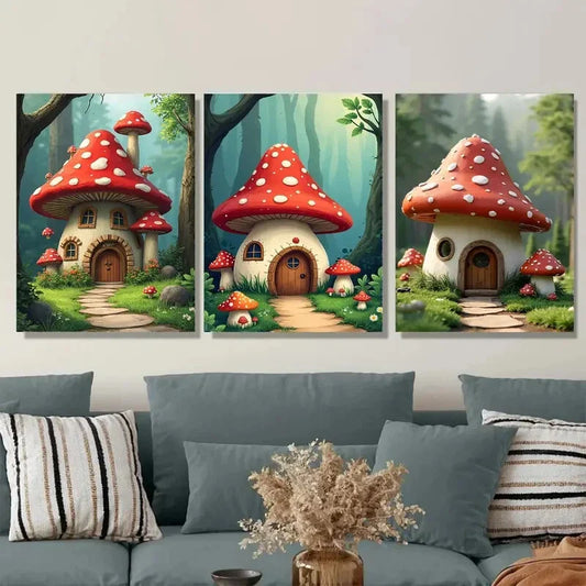 3pcs Mushroom House Triptych Vibrant Colors Metal Print Ready to Hang Art