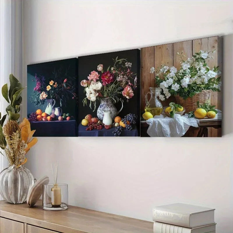 3pcs  Fruit, Flowers, Jug Prints, Art Deco  Wall Art Set Canvas Framed 40x60cm - High Quality Print 100% Australian Made Wall Canvas Ready to Hang