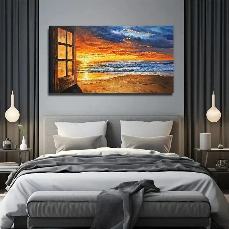 Beach Sunset Modern Wall Art Canvas Office Home Room Framed 80x45cm