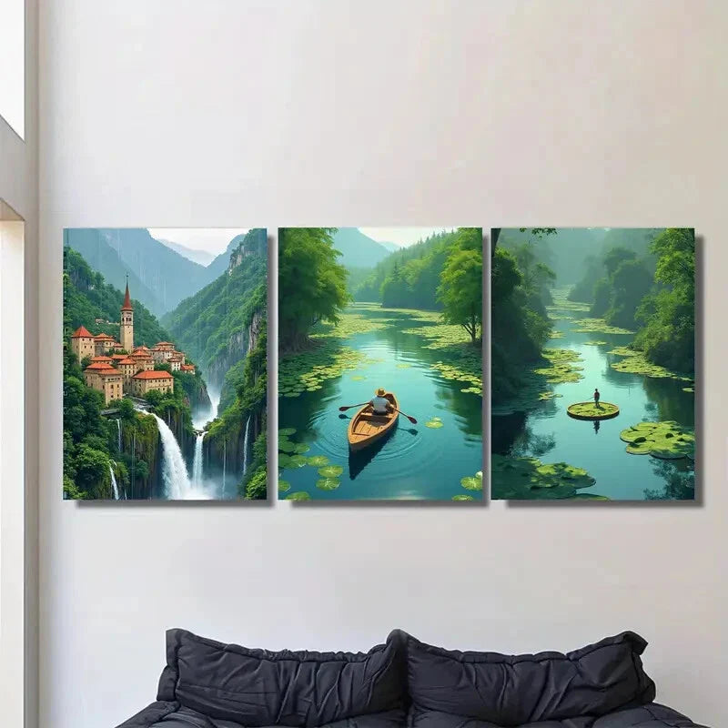 3pcs Scenic Waterfall Village Vibrant Nature Metal Print Ready to Hang Art