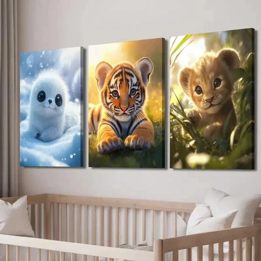 3pcs Snowy Tiger Snowy Tiger & Lion Cub on Grass Wall Art Set Canvas Framed 40x60cm - High Quality Print 100% Australian Made Wall Canvas Ready to Hang