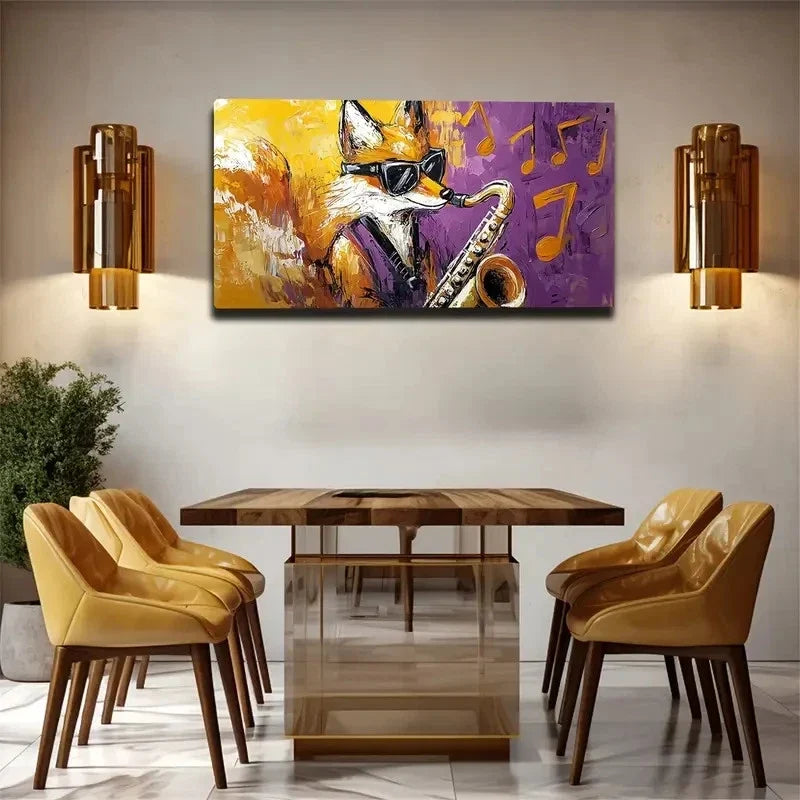 Fox Playing Saxophone Vibrant Wall Art Canvas Office Home Room Framed 80x45cm