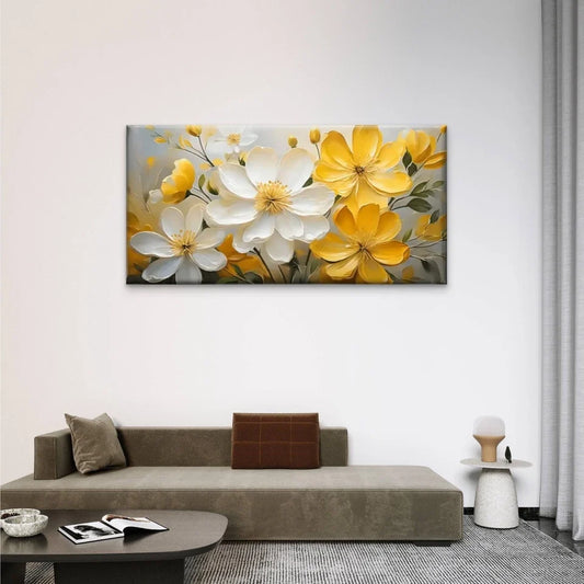Vibrant Yellow & White Floral Wall Art Canvas Office Home Room Framed 80x45cm