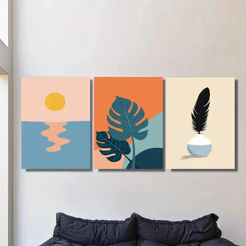 3pcs Modern Abstract Sunset, Tropical Leaves Metal Print Ready to Hang Art