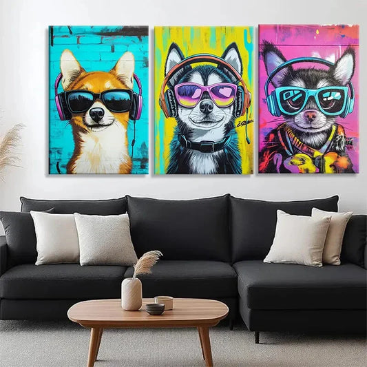 3pcs Cool Dogs in Headphones Pop Style Perfect Wall Art Set Canvas Framed 40x60cm - High Quality Print 100% Australian Made Wall Canvas Ready to Hang