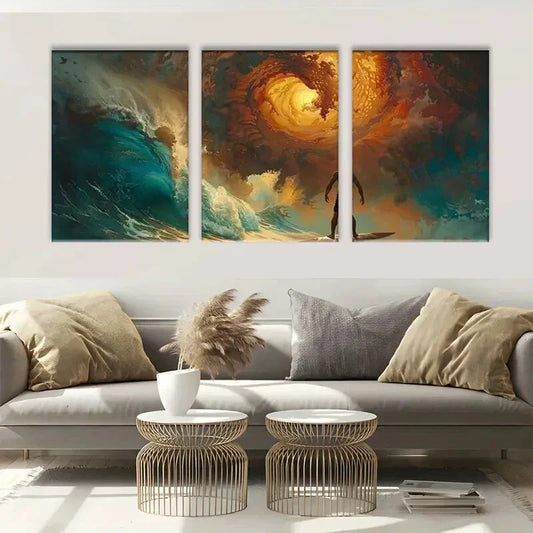 3pcs Ocean Surfing Waves Blue &amp; Gold Metal Print Ready to Hang Art