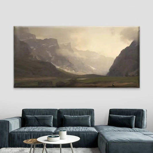 Misty Mountain Valley Landscape Wall Art Canvas Office Home Room Framed 80x45cm