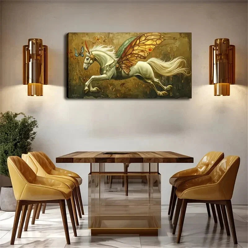 A White Horse with Unicorn Horn Wall Art Canvas Office Home Room Framed 120x60cm