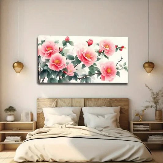 Camellias & Green Leaves Wall Art canvas office home room framed 120x60cm