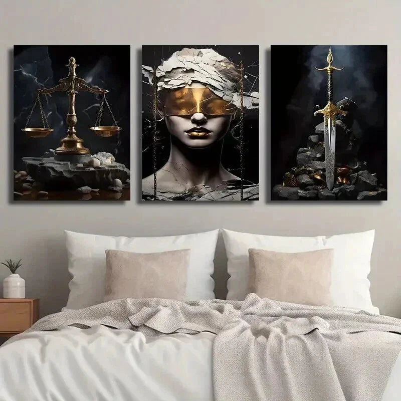 3pcs Scales of Justice & Golden Sword Wall Art Set Canvas Framed 40x60cm - High Quality Print 100% Australian Made Wall Canvas Ready to Hang