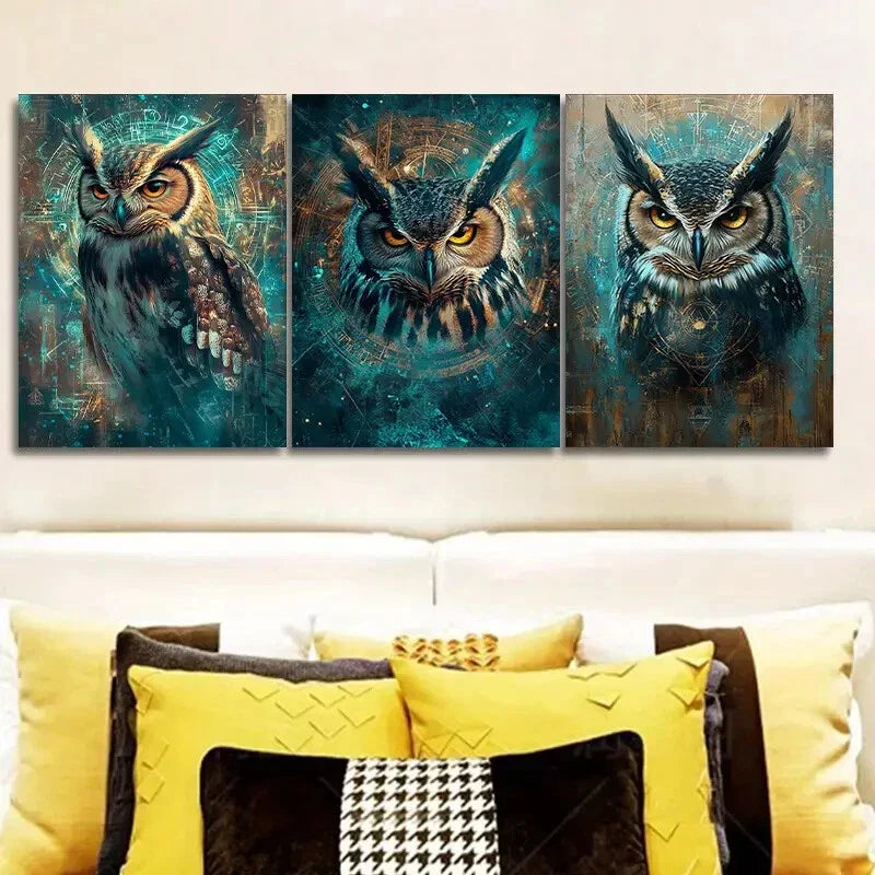 3pcs A mysterious owl Art Painting Metal Print Ready to Hang Art