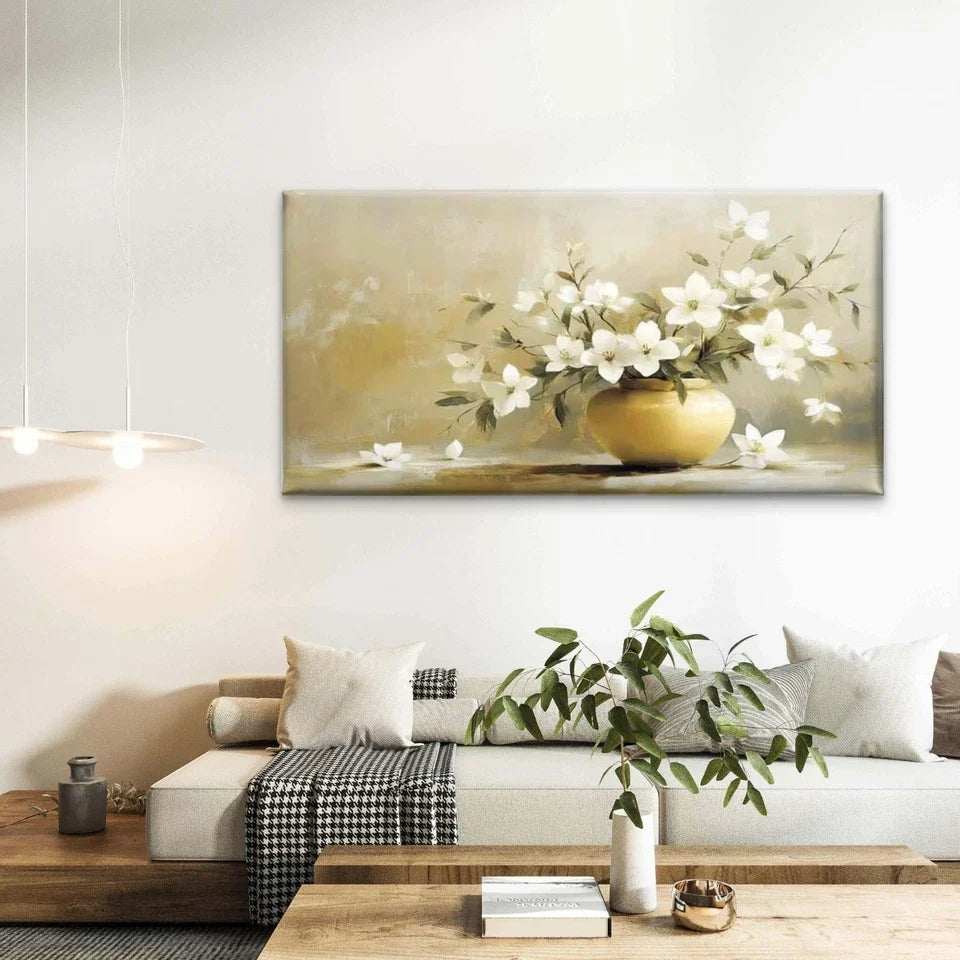 Serene Blossoms in Gold Wall Art Canvas Office Home Room Framed 120x60cm