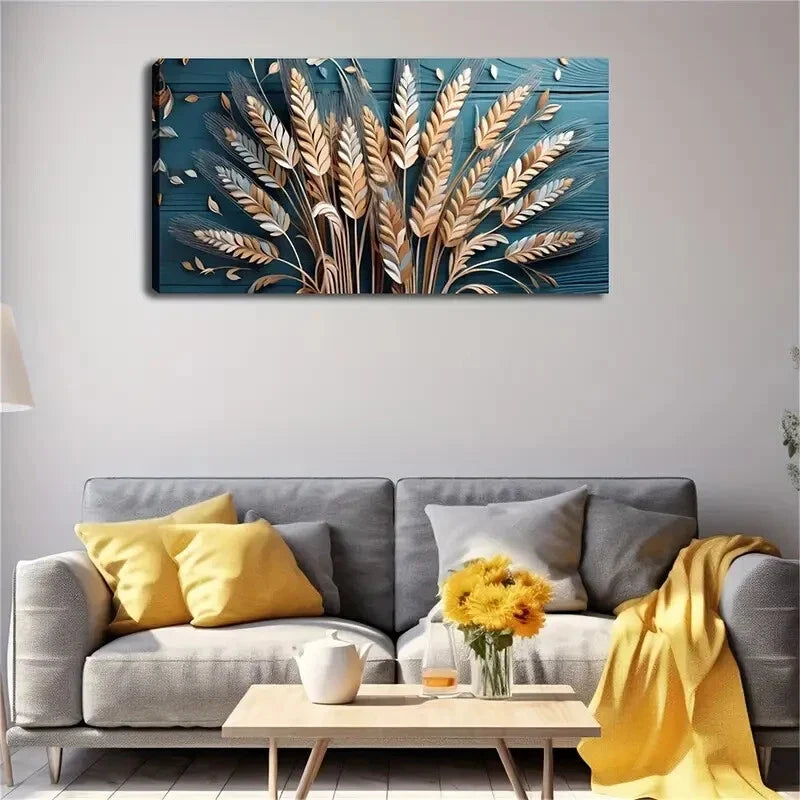 Golden Wheat On Dark Blue Décor Wall Art Canvas Office Home Room Framed 120x60cm