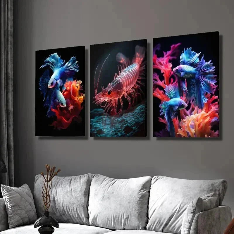 3pcs Colorful Red Shrimp and Betta Fish Wall Art Set Canvas Framed 40x60cm - High Quality Print 100% Australian Made Wall Canvas Ready to Hang