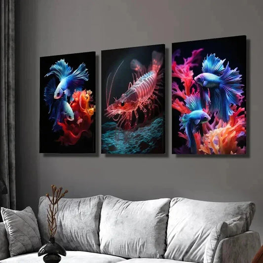 3pcs Colorful Red Shrimp and Betta Fish Wall Art Set Canvas Framed 40x60cm - High Quality Print 100% Australian Made Wall Canvas Ready to Hang