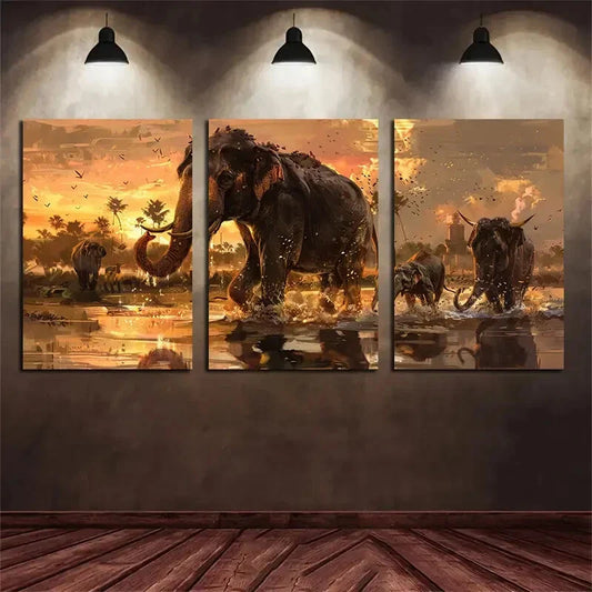 3pcs Woolly Mammoth Animals River Crossing Metal Print Ready to Hang Art