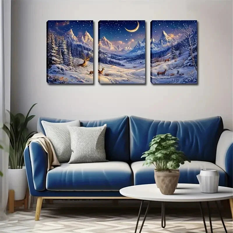 3pcs Majestic Snow ,Mountains & Starry Night Sky Wall Art Set Canvas Framed 40x60cm - High Quality Print 100% Australian Made Wall Canvas Ready to Hang