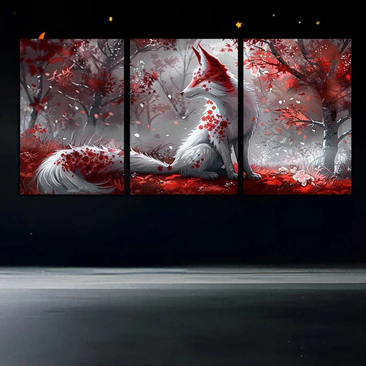 3pcs Stunning Fox in Red Forest Design Metal Print Ready to Hang Art