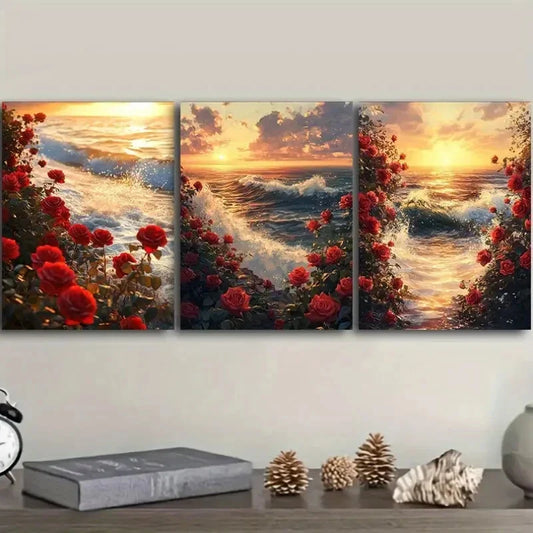 3pcs Sunset Seascape with Red Roses Metal Print Ready to Hang Art