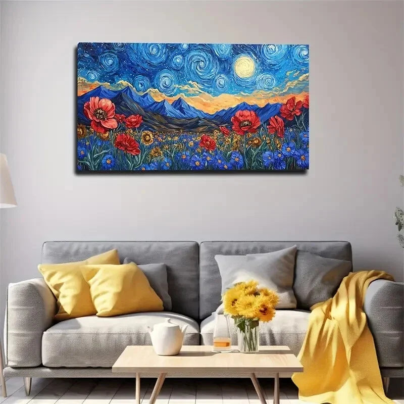 Starry Night With Yellow Moon Wall Art Canvas Office Home Room Framed 120x60cm.