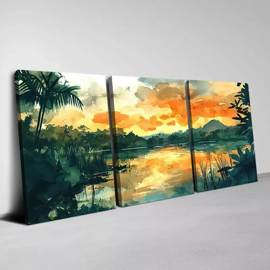 3pcs Vivid Watercolor Lake Greenery Scenery View Wall Art Set Canvas Framed 40x60cm - High Quality Print 100% Australian Made Wall Canvas Ready to Hang