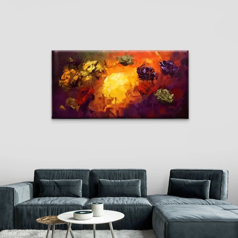 Yellow Purple Flowers Modern Wall Art Canvas Office Home Room Framed 80x45cm