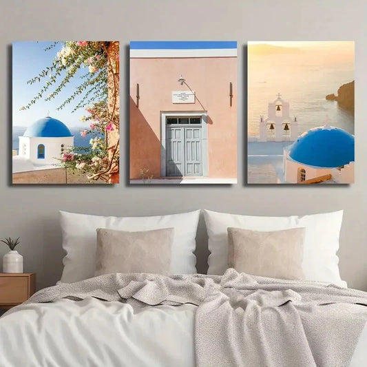 3pcs Santorini Pink Greek Island Metal Print Ready to Hang Art