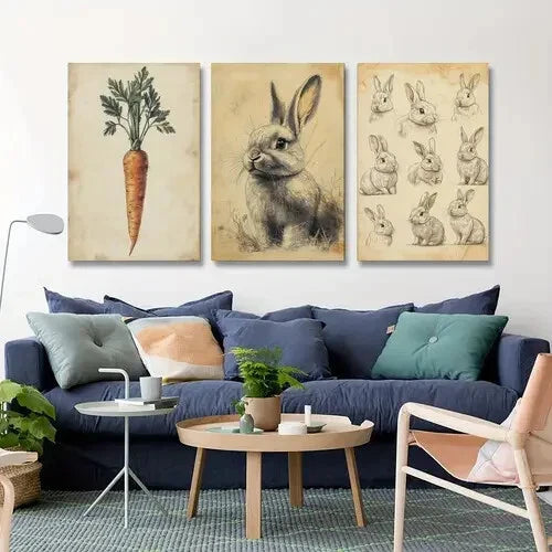 3pcs Orange Carrot Beautiful Bunnies Black Metal Print Ready to Hang Art