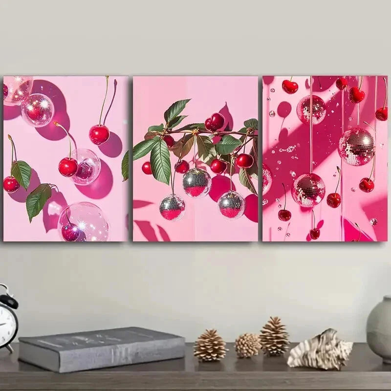 3pcs Cherry and Disco Ball Pink Colorful Sweet Wall Art Set Canvas Framed 40x60cm - High Quality Print 100% Australian Made Wall Canvas Ready to Hang