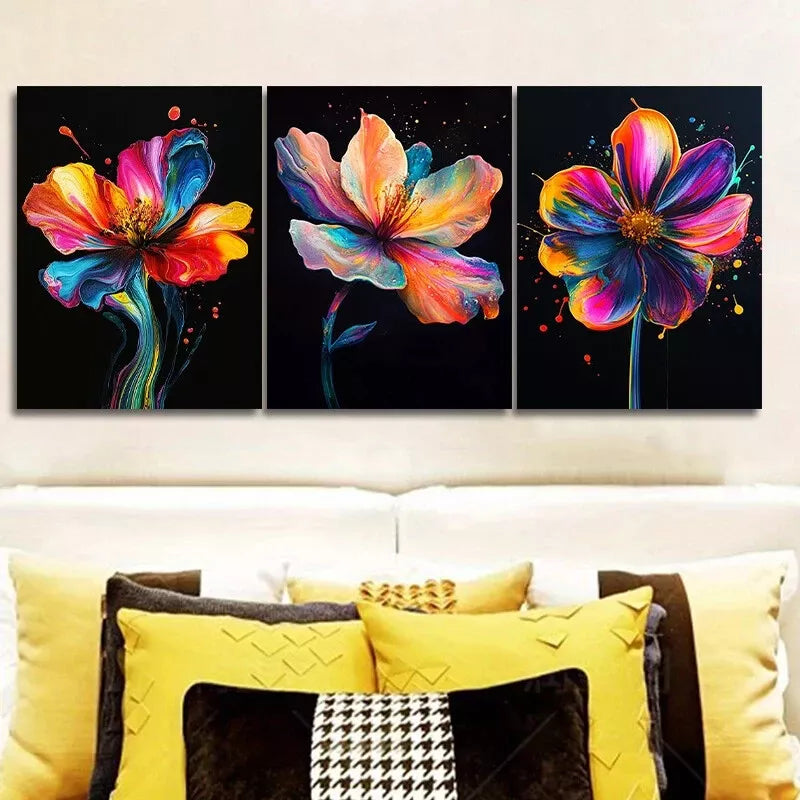 3pcs  A Colorful Flower Black Background Wall Art Set Canvas Framed 40x60cm - High Quality Print 100% Australian Made Wall Canvas Ready to Hang