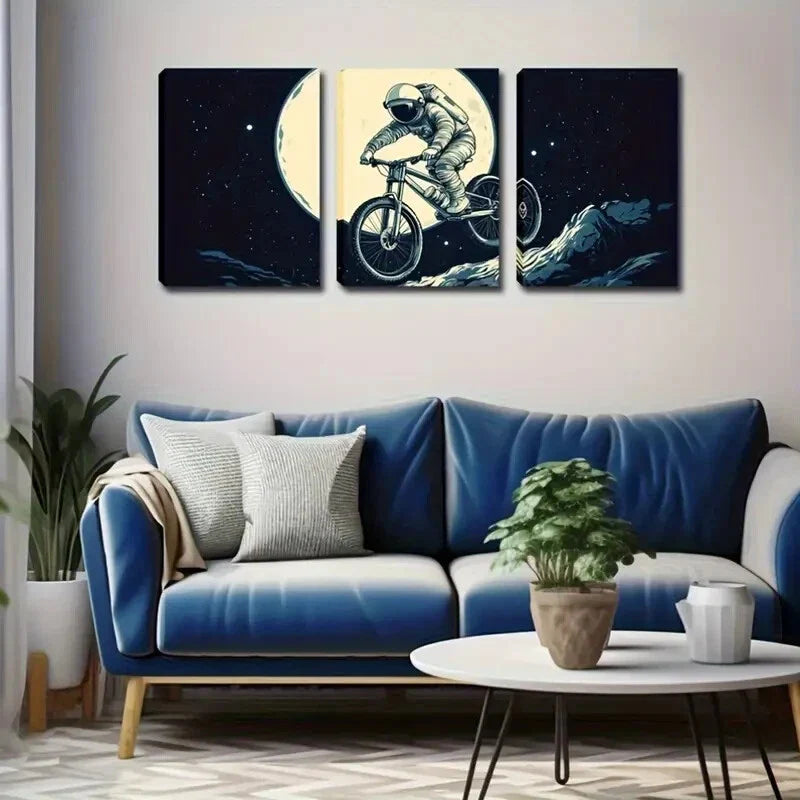 3pcs Vintage Astronaut & Motorcycle Wall Art Set Canvas Framed 40x60cm - High Quality Print 100% Australian Made Wall Canvas Ready to Hang