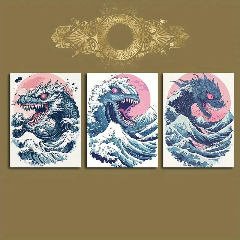 3pcs Majestic Sea Beast Waves Metal Print Ready to Hang Art