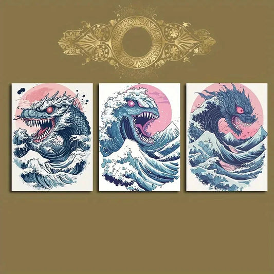 3pcs Majestic Sea Beast Waves Metal Print Ready to Hang Art