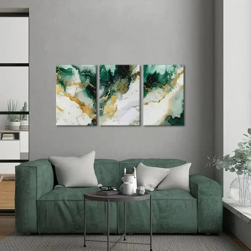 3pcs Green and Golden Abstract Metal Print Ready to Hang Art