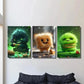 3pcs Cute Green Furry Food Monster Wall Art Set Canvas Framed 40x60cm - High Quality Print 100% Australian Made Wall Canvas Ready to Hang