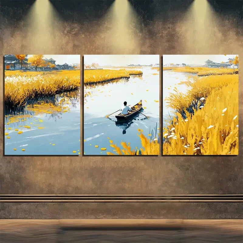3pcs Stunning Autumn Scenery Boat Perfect Wall Art Set Canvas Framed 40x60cm - High Quality Print 100% Australian Made Wall Canvas Ready to Hang