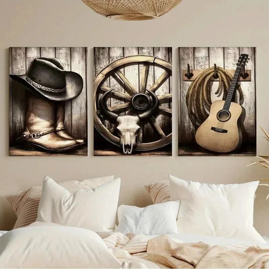 3pcs American West Rodeo Cowboy Hat Boots Metal Print Ready to Hang Art