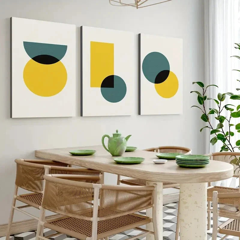 3pcs Abstract Retro Geometric Round Square Blue Wall Art Set Canvas Framed 40x60cm - High Quality Print 100% Australian Made Wall Canvas Ready to Hang