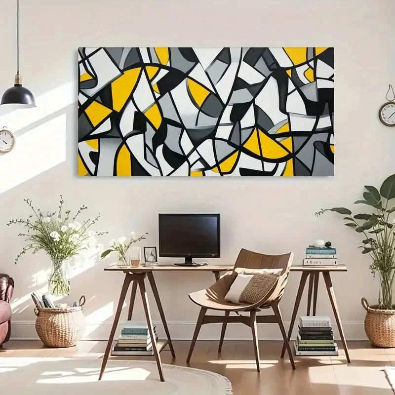 Geometric Abstract Black Yellow Wall Art Canvas Office Home Room Framed 120x60cm