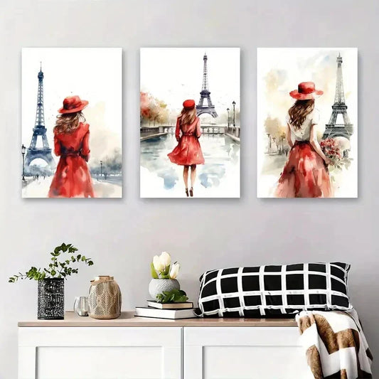 3pcs Paris Eiffel Tower Watercolor Woman in Red Metal Print Ready to Hang Art
