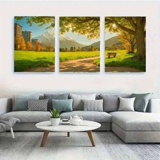 3pcs A Scenic Landscape Featuring a Bench Metal Print Ready to Hang Art