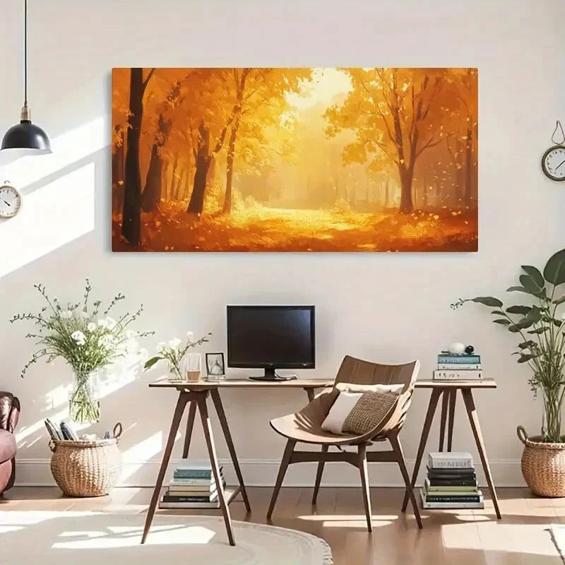 Autumn Forest Golden Hues Warm Wall Art Canvas Office Home Room Framed 120x60cm