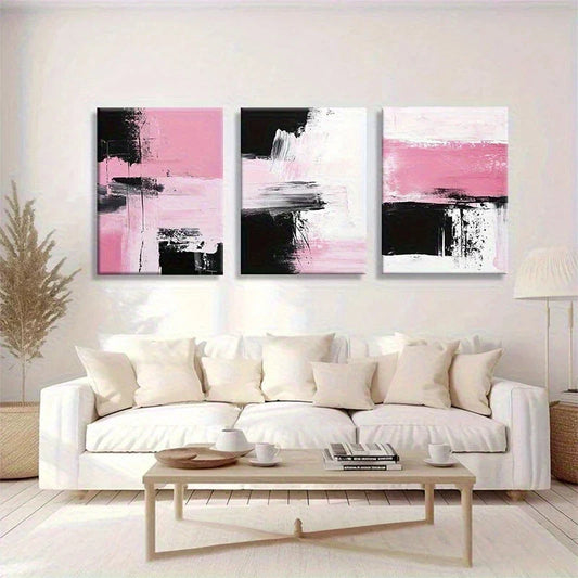 3pcs Abstract Pink & Black Brushstroke Metal Print Ready to Hang Art