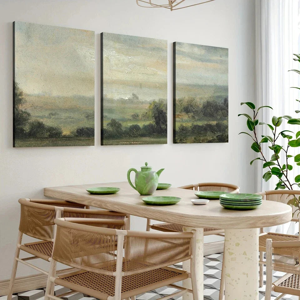 3pcs Vintage Green Nature Forest Sky Grasses Wall Art Set Canvas Framed 40x60cm - High Quality Print 100% Australian Made Wall Canvas Ready to Hang